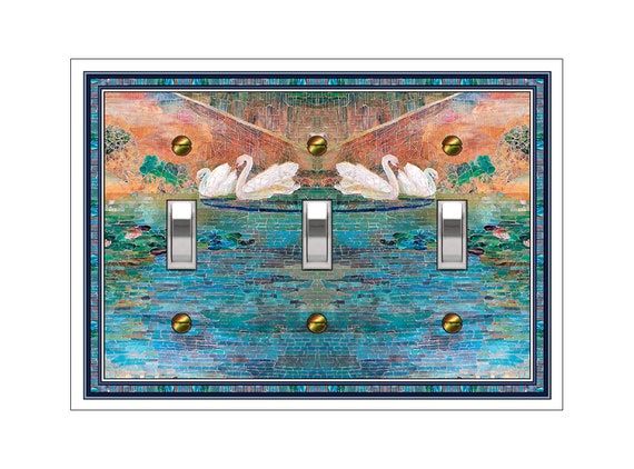 1758X Flat Image of Colorful Faux Mosaic Swans in Water ~ Mrs Butler Unique Switchplate Cover ~ Use Drop Downs ~ See Other Swans