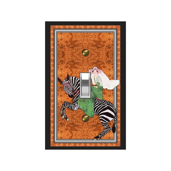 0383A Vintage Vogue Woman Riding Zebra on Dragon Silhouette, Fire/Lava Design ~ Mrs Butler Unique Switchplate ~Use Drop Downs~See 0383B Bkgd