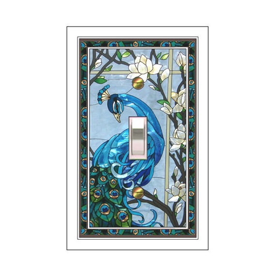 0299X Image of Blue Peacock & Flowers Faux Stained Glass (not glass) ~ Mrs Butler Unique Switchplate Cover ~ Use Drop Down Boxes Below