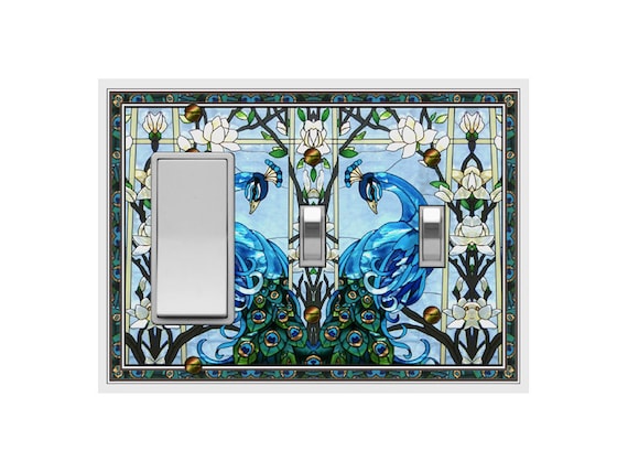 0299X Image of Blue Peacock & Flowers Faux Stained Glass (not glass) ~ Mrs Butler Unique Switchplate Cover ~ Use Drop Down Boxes Below