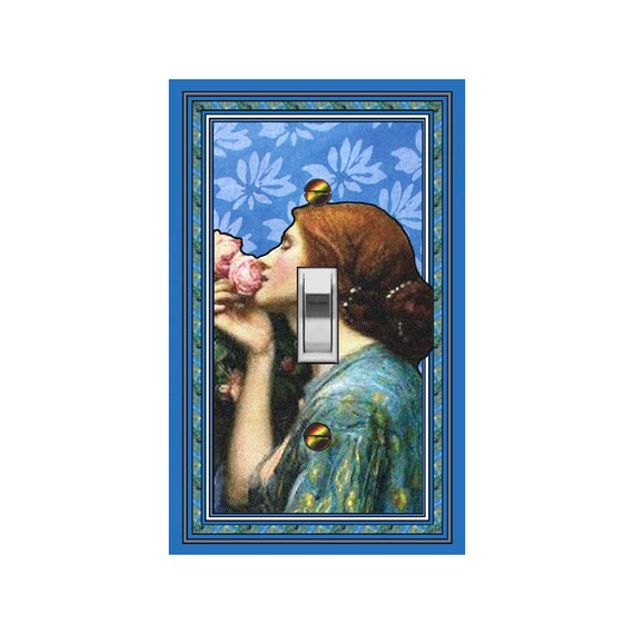 0704A Medieval Woman Smells Roses on Blue Batik ~ Mrs Butler Unique Switchplate Cover ~ Use Drop Down Box Below ~ See Variations 0704B-D