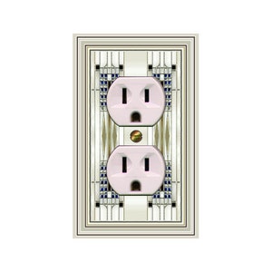 May include: A white outlet cover with a decorative design in shades of blue, gold, and white. The outlet cover has two standard electrical outlets.