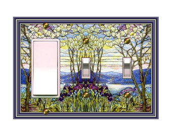 0460X Flat Image of Faux Stained Glass Landscape Mtns Lake Tree Orchid Flower ~ Mrs Butler Unique Switchplate Cover ~Use Drop Down Box Below