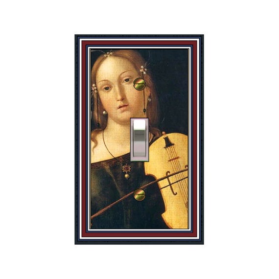 0643X Medieval Woman in black with Violin instrument on black bkgd mrs butler switch plate covers ~ Use drop down box Below