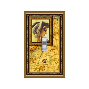 May include: A light switch cover with a vintage map design featuring a woman's portrait in a frame. The map is in shades of brown, yellow, and blue with the word "NORTH" visible.