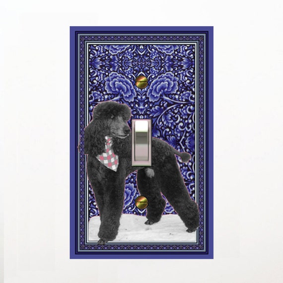 0286A Black Standard Poodle on Dramatic Cobalt Blue Floral Design ~ Mrs Butler Unique Switchplates ~ Use Drop Downs Below ~ See 0286B Bkgd