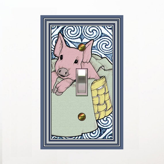 0218A Image of Cute Pig in Basket on Hand-Drawn Swirl/Circle Design ~ Mrs Butler Unique Switchplate ~ Use Drop Downs ~ See 0218B Background