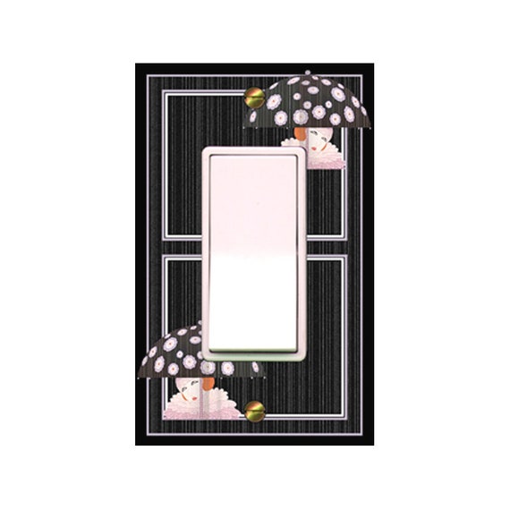 0667X Art Deco Erte Spring Showers Flowered Umbrella in Rain Pink Black ~ Mrs Butler Unique Switchplate Cover ~ Use Drop Down Box Below