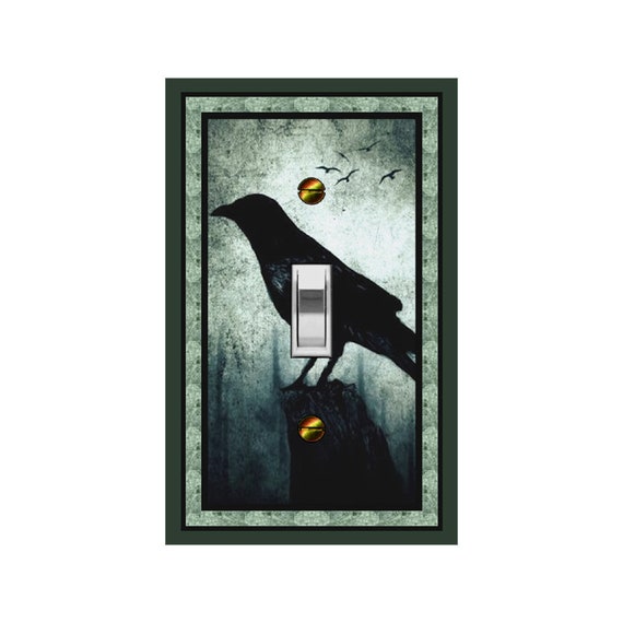 0698G Spooky Silhouette of Crow Raven Bird on Stump Green ~ Mrs Butler Unique Switchplate Cover ~ Use Drop Down Boxes ~ See 0698X Gray Scale