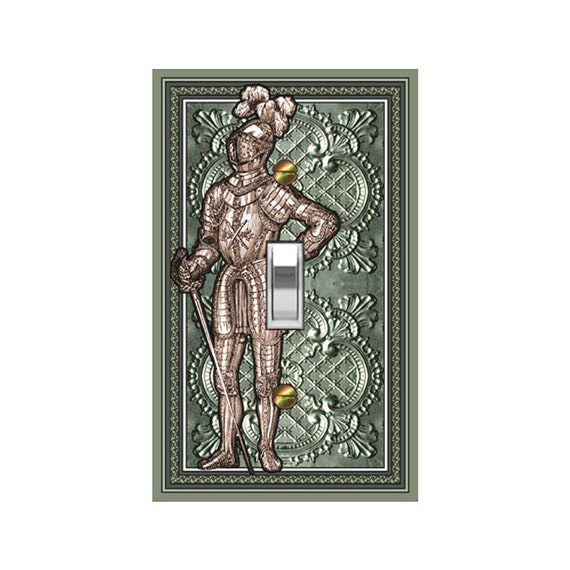 0723C Flat Image of Medieval Knight on Green Tint Faux Tin Tile ~ Mrs Butler Unique Switchplate Cover ~ Use Drop Down Box~0723A-D Variations