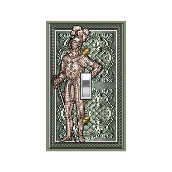 0723C Flat Image of Medieval Knight on Green Tint Faux Tin Tile Look ~Mrs Butler Unique Switchplate Cover~ Use Drop Downs~0723A-D Variations