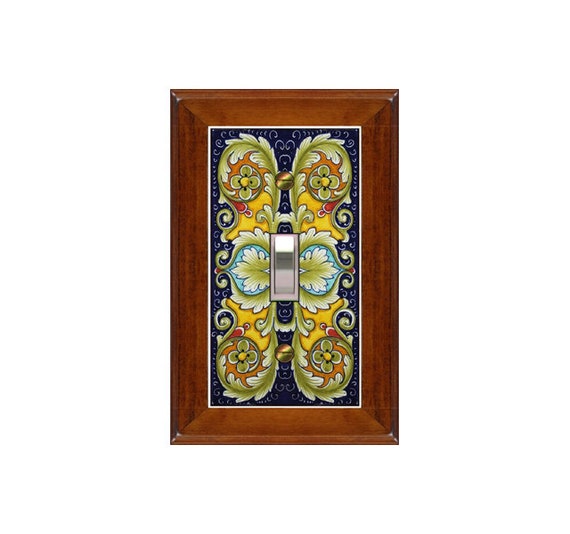 1782X Flat Image of Colorful Floral Tile in Faux Wooden Frame Border ~ Mrs Butler Unique Switchplate Cover ~ Use Drop Down Boxes Below
