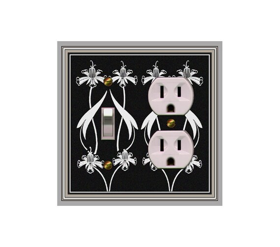 0519A Art Nouveau Beardsley Large White Flowers on Black Book Cover ~ Mrs Butler Unique Switchplate ~ Use Drop Downs ~ See 0519B Variation