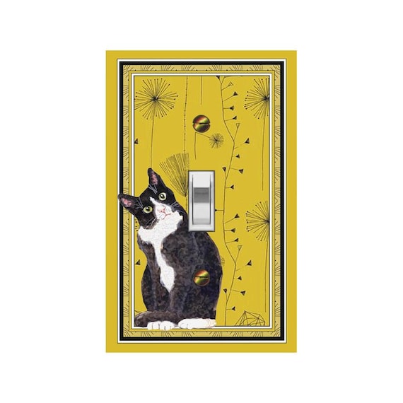 0141B Tuxedo Cat on Retro Dandelion Wishes Yellow Background ~ Mrs Butler Unique Switchplates ~ Use Drop Downs ~ See 0141A-G,X Variations