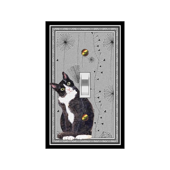 0141G Tuxedo Cat on Retro Dandelion Wishes GrayScale Background ~ Mrs Butler Unique Switchplates ~ Use Drop Downs ~ See 0141A-G,X Variations