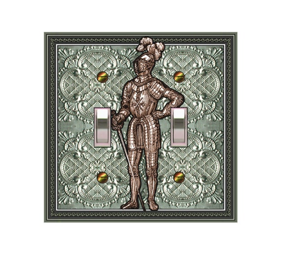 0723C Flat Image of Medieval Knight on Green Tint Faux Tin Tile ~ Mrs Butler Unique Switchplate Cover ~ Use Drop Down Box~0723A-D Variations