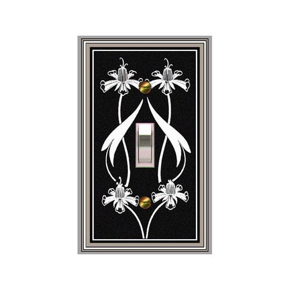 0519A Art Nouveau Beardsley Large White Flowers on Black Book Cover ~ Mrs Butler Unique Switchplate ~ Use Drop Downs ~ See 0519B Variation