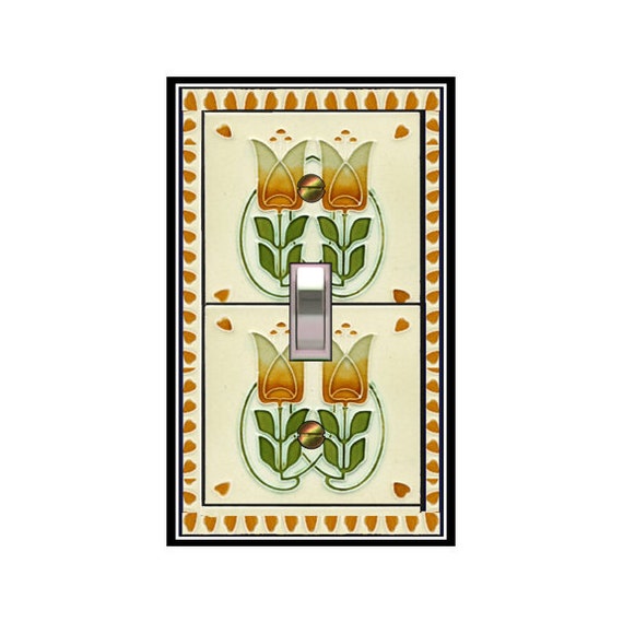 1487X Image of Hand Painted Faux Tile Tulips Palest Yellow, Orange, Green ~ Mrs Butler Unique Switchplate Cover ~ Use Drop Down Boxes Below