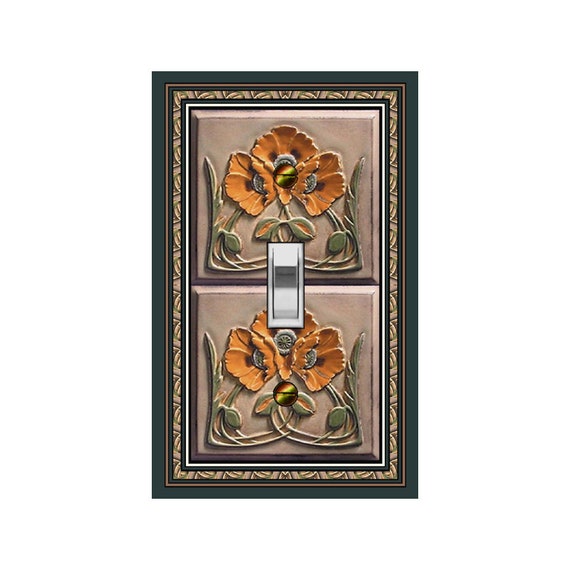 0582B Image of Art Deco Orange Poppies Flowers Faux Tiles ~ Mrs Butler Unique Switchplate Cover ~ Use Drop Down Box Below ~ 0582X Variation