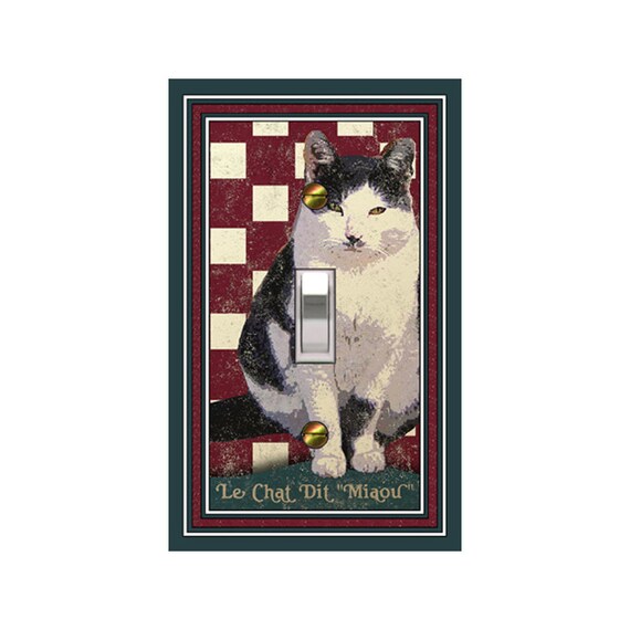 0156X Faux Vintage Sign French Bistro Le Chat Cat on Checkerboard Tablecloth ~ Mrs Butler Unique Switchplates ~ Use Drop Down Boxes Below