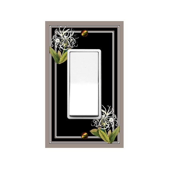 0369X Sea Daffodil White Flower Green Leaves on Black Background ~ Mrs Butler Unique Switchplate Cover ~ Use Drop Down Boxes Below