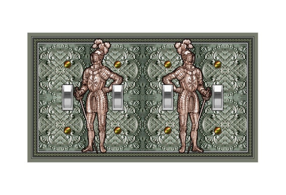 0723C Flat Image of Medieval Knight on Green Tint Faux Tin Tile ~ Mrs Butler Unique Switchplate Cover ~ Use Drop Down Box~0723A-D Variations