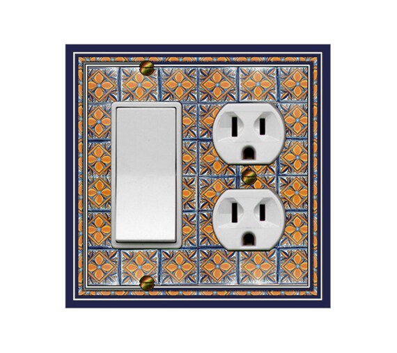 1558X Image of Worn Floral Mexican Faux Tiles Orange Blue ~ Mrs Butler Unique Switchplate Cover ~ Use Drop Down Box ~ See 1558B Larger Tiles