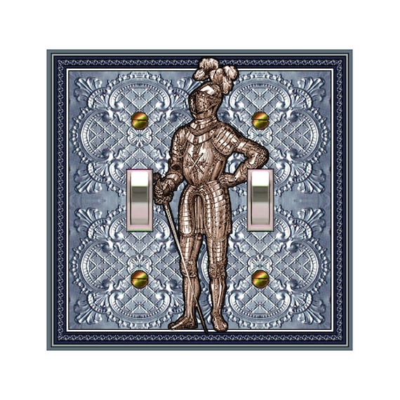 0723A Flat Image of Medieval Knight on Blue Tint Faux Tin Tile ~ Mrs Butler Unique Switchplate Cover ~ Use Drop Down Box ~0723B-D Variations