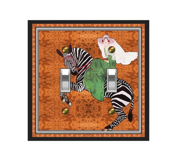 0383A Vintage Vogue Woman Riding Zebra on Dragon Silhouette, Fire/Lava Design ~ Mrs Butler Unique Switchplate ~Use Drop Downs~See 0383B Bkgd