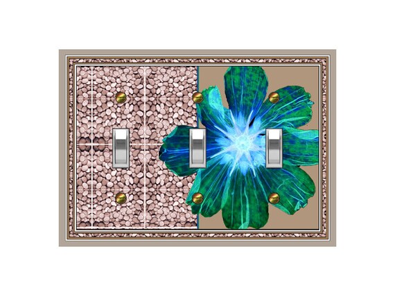 0560A Big Flower Blue,Green,Teal,Aqua on Pebbles Putty,Taupe ~ Mrs Butler Unique Switchplate Cover ~ Use Drop Down Box ~See 0560B Stone Bkgd