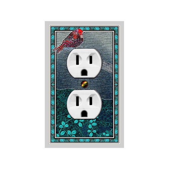 1755T Fancy Red Bird on a Branch Teal Aqua Blue Design ~ Mrs Butler Unique Switchplate Cover ~ Use Drop Down Box ~ See 1755X Variation
