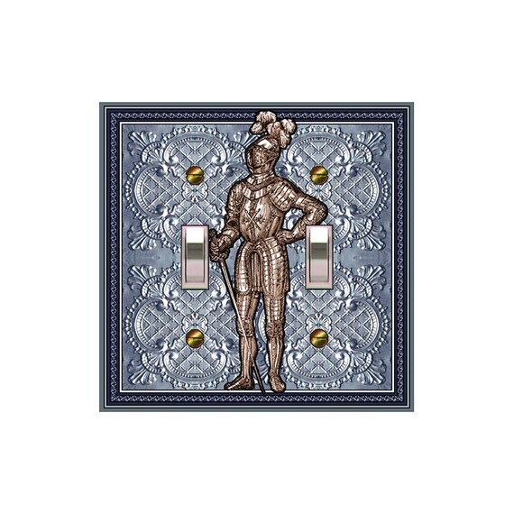0723A Flat Image of Medieval Knight on Blue Tint Faux Tin Tile ~ Mrs Butler Unique Switchplate Cover ~ Use Drop Down Box ~0723B-D Variations