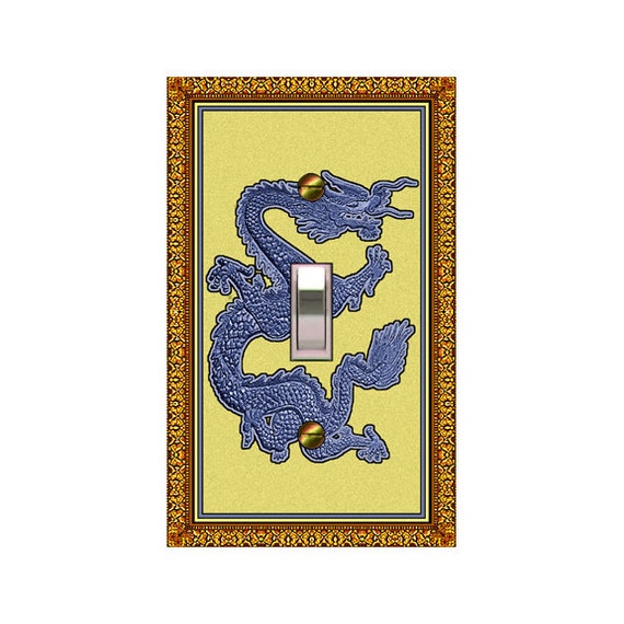 0250X Flat Image of Asian Feng Shui Blue Dragon w/ Gold Frame ~ Mrs Butler Unique Switchplate Cover ~ Use Drop Down Box ~ See Other Dragons