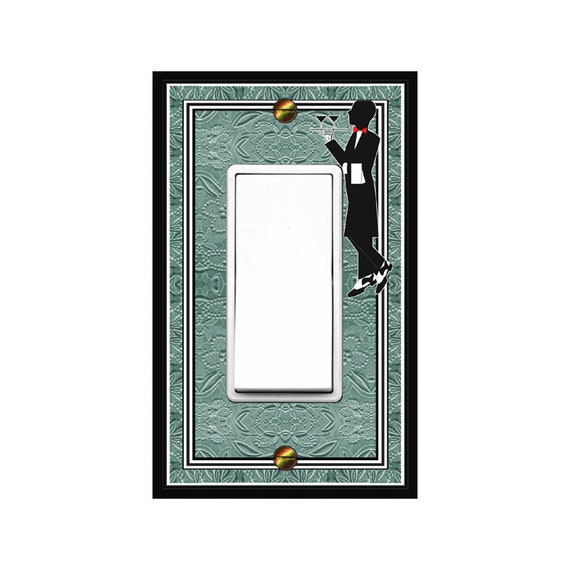 1771A Flat Image Vintage Butler Serving Drinks on Teal Floral Bkgd ~ Mrs Butler Unique Switchplates ~ Use Drop Downs ~ See 1771B Background