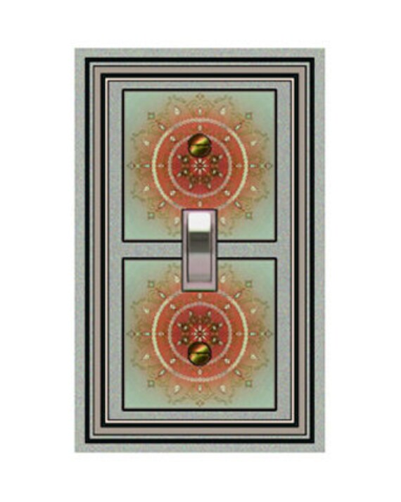 1762X Asian Red Orange Mandala on Green & Grey Bkgd ~ Mrs Butler Unique Switchplate Cover ~ Use Drop Down Box ~ See Other Mandalas Mandelas