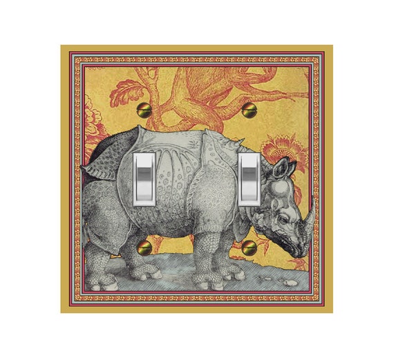 0252A Rhino on Image of African Cloth Bkgd Monkey in Tree ~ Mrs Butler Unique Switchplate Cover ~ Use Drop Down Box ~ See 0252B Background