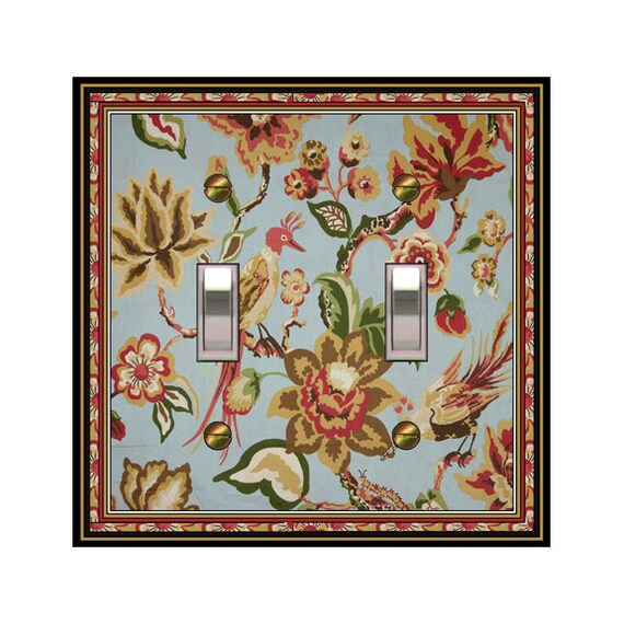0393X Image of Blue Chintz w/ Red Tan Flowers & Birds ~ Mrs Butler Unique Switchplate Cover ~ Use Drop Down Boxes ~ See More Chintz