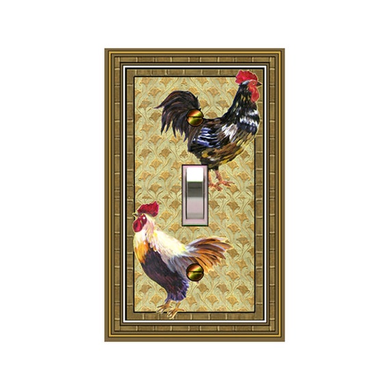 1665A Rustic Roosters on Faux Golden Leaf & Vine Bkd ~ Mrs Butler Unique Switchplate Cover ~ Use Drop Down Boxes ~ See Morer Rooster Designs