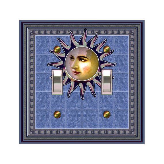 0107A Flat Image Illuminated Moon on Delicate Blue Tile Design ~ Mrs Butler Unique Switchplates ~ Use Drop Downs ~ See 0107B-D Variations