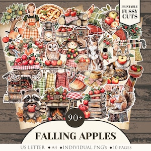 May include: A collection of printable paper cutouts with an autumn theme. The image features illustrations of apples, a pie, a scarecrow, a raccoon, a dog, and the text "FALLING APPLES". Includes 90+ individual PNGs on 10 pages.