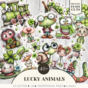 May include: A collection of whimsical, colorful stickers featuring various lucky animals, including a bee, dog, frog, owl, and snail, each holding clovers. The text "LUCKY ANIMALS" is displayed below the images, with "40+" in the center. The stickers are labeled "PRINTABLE FUSSY CUTS".