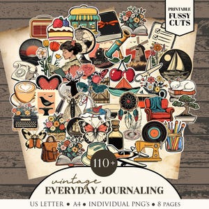 May include: A collection of vintage-themed stickers with illustrations of a globe, flowers, butterflies, and a typewriter. The text on the image says "Printable Fussy Cuts" and "vintage EVERYDAY JOURNALING".
