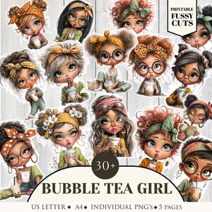 May include: A collection of over 30 digital stickers featuring cartoon girls with large eyes, glasses, and headbands, drinking bubble tea. The stickers are in various colors and styles, with the text "BUBBLE TEA GIRL" at the bottom.
