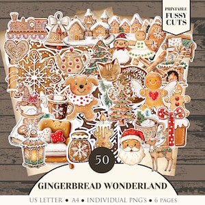 May include: A collection of 50 gingerbread-themed cutouts, including gingerbread men, houses, and a Santa Claus. The designs are in various shapes and sizes, with a warm color palette of brown, red, and white. The text "GINGERBREAD WONDERLAND" is displayed at the bottom.