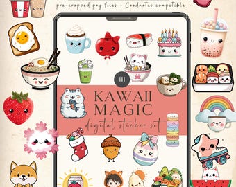 May include: A collection of digital stickers with a Kawaii Magic theme. The stickers include food items like sushi, cake, and ice cream, along with cute animal characters and other decorative elements. The text "DIGITAL STICKERS" and "KAWAII MAGIC" are visible.