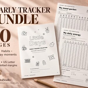 Può includere: Un set di tracker annuale da 30 pagine composto da fogli di carta bianca con inchiostro nero. La copertina riporta il testo Little Days Yearly Tracker Collection con icone lineari. Due pagine interne mostrano griglie per il monitoraggio.