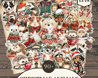May include: A collection of over 90 Christmas animal illustrations, including a dog, fox, bear, deer, and hedgehog, all adorned with festive attire. The image features the text "Christmas Animals" and "Printable Fussy Cuts."