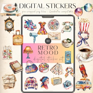 Retro Stickers Digital Vintage Digital Stickers PNG Stickers Goodnotes Stickers, Ipad Notability Files, Goodnotes Planner, Digital Download