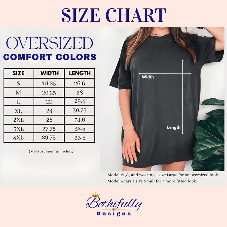 The image is a size chart for oversized comfort colors, showing the measurements for different sizes of a dress.