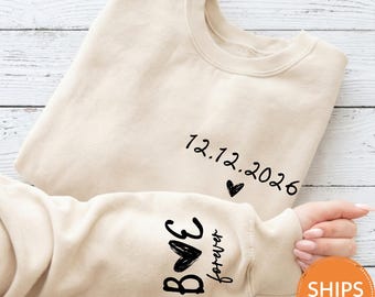 Custom Date Sweatshirt, Personalized Couple Sleeve Initials Crewneck, Matching Anniversary Pullover, Wedding Gift Hoodie
